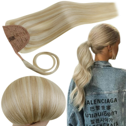 RUNATURE Zopf Echthaar Extensions Blond Clip in Zopf Remy Echthe Haar 35cm Aschblond mit Blond 70g Haarverlängerung Zopf Echthaar 14 Zoll Pferdeschwanz Extensions Farbe #18P613