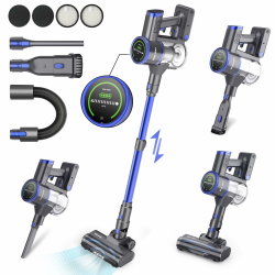VAKYOU Akku-Staubsauger 450W 33KPA Stabstaubsauger mit automatischer Stauberkennung großes LED-Display Anti-Winding-Bürste bis zu 15-45 Minuten 6-in-1 Handstaubsauger Akkusauger, Blau
