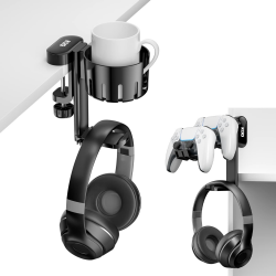 KDD Kopfhörer Halter 360° Drehbar - 3 in 1 Controller Halter & Ersetzbarer Getränkehalter, Universal Headset Halterung Tisch aus ABS, Controller Ständer für Universal Headset, Controller, Becher Schwarz