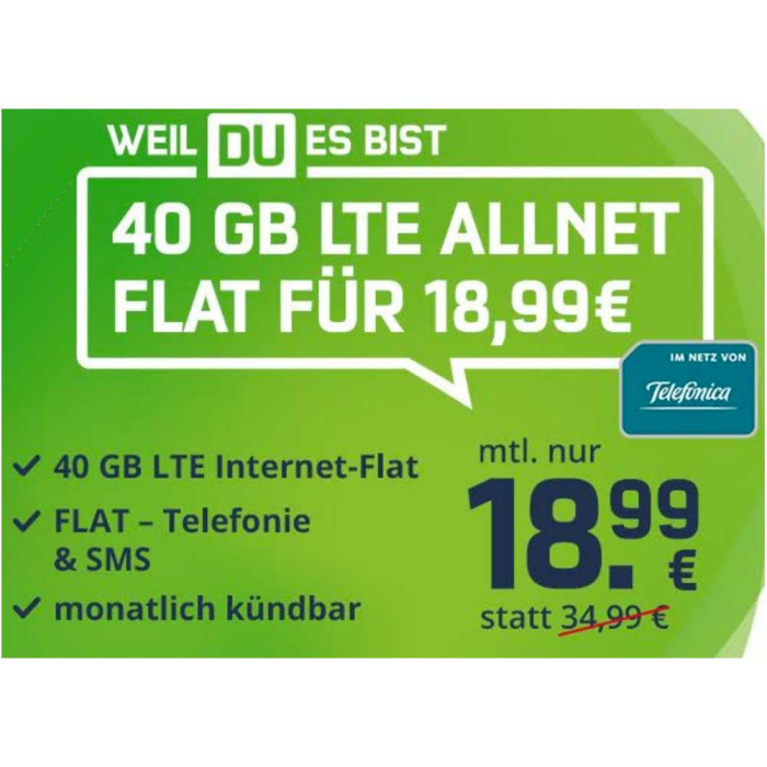 mobilcom-debitel: 40 GB LTE, Allnet Flat - monatlich kündbar + 9,99€ Anschlussgebühr