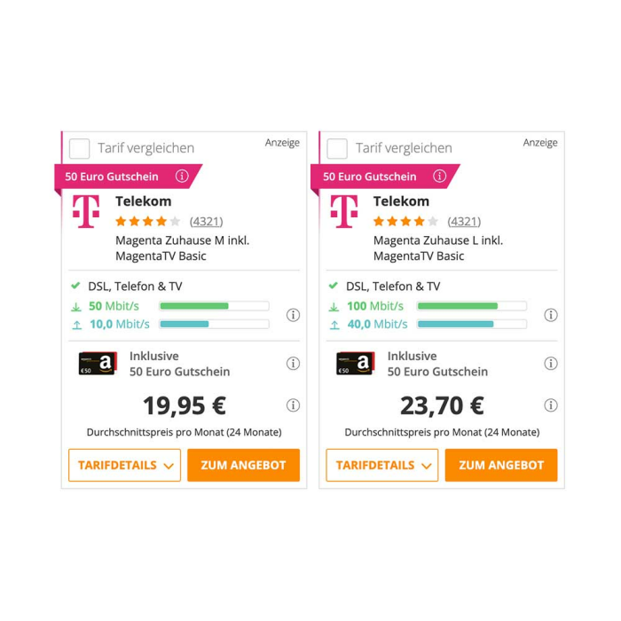 DSL-Preisvergleich: Telekom Magenta Zuhause M oder L (auch als Junge Leute Tarif) - bis zu 240€ Sofortbonus + 50€ Gutschein