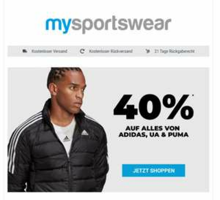 40% auf ALLES von Adidas, Under Armour und Puma [mysportswear]