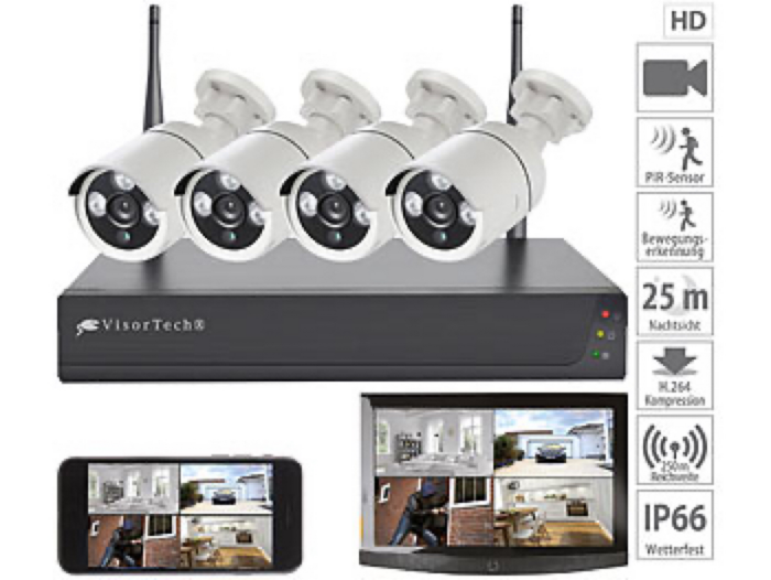 Funk-Überwachungssystem mit HDD-Rekorder & 4 FullHD-IP-Kameras, App