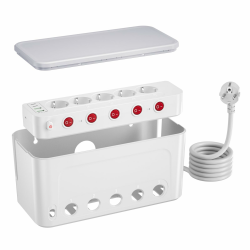Kabelbox mit Steckdosenleiste Weiß, 5-Fach Mehrfachsteckdose Überspannungsschutz 5 Steckdose und 4 USB, Kabel Organizer Box Steckerleiste Einzeln Schaltbar Schreibtisch Organizer Kabelmanagement Box Angebot bei HelloDeals