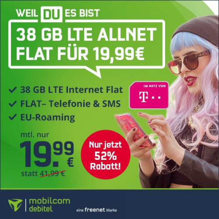 Telekom Netz 38 GB LTE ( 50 Mbit/s) Tarif inkl. Allnet-Flat VoLTE & WLAN Call
