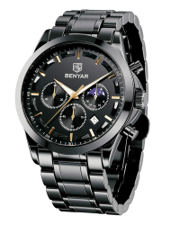 BENYAR Herren Uhr Chronograph Analog Quarz Stilvolle Armbanduhr Wasserdicht Leuchtende Datum Herrenuhren Elegantes Business Uhren Geschenk für Männer Lederband/Edelstahlarmband Schwarz (B) Angebot bei HelloDeals