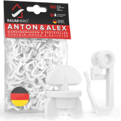 Raumhero® Gardinenröllchen für Schiene (Komplettset 100x Gardinenhaken inkl. 6X Stopper) - 8mm Standardmaß Gardinengleiter - Gardinenhaken für Schienen - 100% Made in Germany Angebot bei HelloDeals