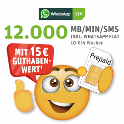 WhatsApp SIM Prepaid - Starterpaket mit 15 EUR Guthabenwert, ohne Vertragsbindung, Option mit 12.000 Einheiten (MB/MIN/SMS), Surf-Geschwindigkeit: 50 MBit/s 5G Single Angebot bei HelloDeals