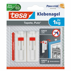 tesa Klebenagel für Tapeten und Putz / Selbstklebende Nägel für empfindliche Oberflächen / Leicht anzubringen und zu entfernen - rückstandslos / 2 x 1kg Halteleistung 2x 1,0kg Single Angebot bei HelloDeals