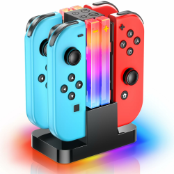 Wenocally Switch-Controller-Ladestation, kompatibel mit Nintendo Switch für Joy-Con und OLED-Modell-Controller mit 6 RGB-Lichtmodi und Timerfunktion, Switch-Ladestationsständer mit Typ-C-Kabel Angebot bei HelloDeals