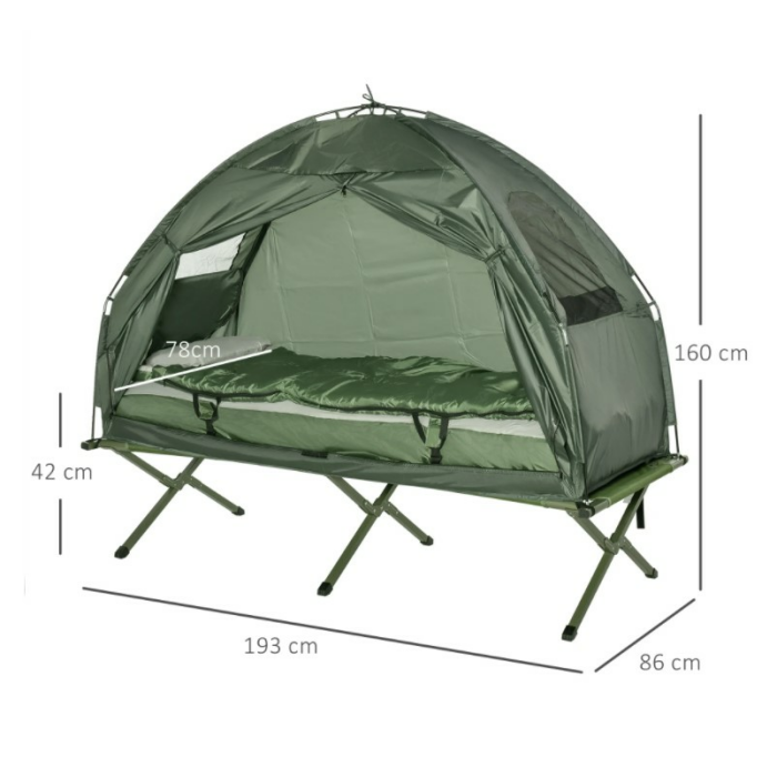 Outsunny® Campingbett Set mit Zelt, Schlafsack, Matratze, 4 in 1 faltbar, Dunkelgrün