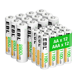 EBL AA AAA Akku Pack 24 Stück - AA Akku 2800mAh 12 Stück mit AAA Akku 1100mAh 12 Stück, 1,2V NI-MH wiederaufladbare Batterien 12*AA + 12*AAA Angebot bei HelloDeals