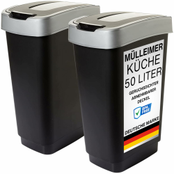 2friends Duo Mülleimer Küche 2 Fächer 50L - Geruchsdicht Doppel Abfalleimer mit Schwingdeckel 2x50 Liter Groß, 60x45x34 cm, Robust Recycelbarer Kunststoff, Schwarz/Silber, Made in EU Angebot bei HelloDeals