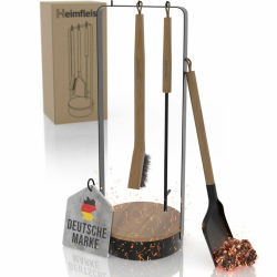 Heimfleiss® Kaminbesteck Schwarz Modern | Premium Ofenbesteck Kaminbesteck Set | Designer Kaminzubehör mit Holzgriffen | Kaminset aus Schürhaken & Kehrset | Kaminofen Besteck | Kamingarnitur für Ofen Schwarz mit Holzgriffen - Design 50 Angebot bei HelloDeals