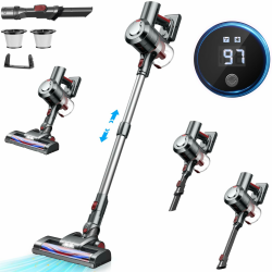 KLiHD Akku Staubsauger Staubsauger Kabellos: 450W/38000Pa mit LED Display Bis zu 55Mins Laufzeit Anti-Tangle-Staubsauger Stielstaubsauger für Tierhaare Hartböden Teppich Angebot bei HelloDeals