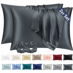 Vielit 2er Set Satin Kissenbezug 40 x 80 Dunkelgrau, Weich wie Seidenkissenbezug 40x80,Bessere Pflege als Silk Pillosecase,Satin Kopfkissenbezug Kissenhülle für Haar und Haut mit 2 Haargummis Dunkelgrau 40x80cm Angebot bei HelloDeals