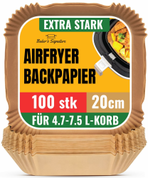 Backpapier für Heißluftfritteuse, 100 Stück - 20-24 cm Quadrat für 5.7-9 L Körbe - Ungebleichte Airfryer Backpapier - Ideal für Ofen, Pfannen und Backen - Einfach zu Reinigen von Baker's Signature Quadrat/ 20cm - 100 stk Angebot bei HelloDeals