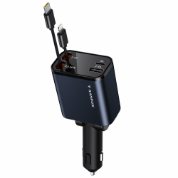 RAMPOW Zigarettenanzünder USB C, Auto Zubehör 65W Auto ladegerät Kfz Zubehör, 4in1 Einziehbares Auto Ladegerät Zigarettenanzünder Schnellladegerät mit iPhone 16/15/14/13, Samsung S24/S23, iPad Blau-Schwarz Angebot bei HelloDeals