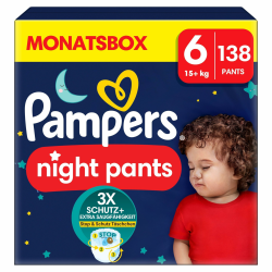 Pampers Night Windeln Pants Größe 6 (15+kg) Baby-Dry, MONATSBOX, Windelhöschen bieten zusätzlichen Schutz für die ganze Nacht, 138 Höschenwindeln Größe 6 (138 Stück) NEU Angebot bei HelloDeals