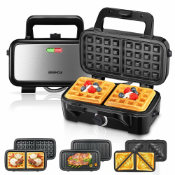 Sandwichmaker 1200W, Fohere 5-Gang-Temperaturregelung Waffeleisen Sandwichtoaster Kontaktgrill 3 in 1 mit Antihaftbeschichtung für einfache Reinigung ohne Anbrennen, LED-Leuchten Schwarz Angebot bei HelloDeals