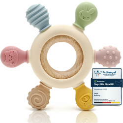 CAJA Beißring Baby - Beißspielzeug Zahnungshilfe aus Silikon & Holz, Baby, BPA-frei, Tiermotive, Zahnen & Greifring für Babys - Sicheres Baby Spielzeug (complexion) Angebot bei HelloDeals
