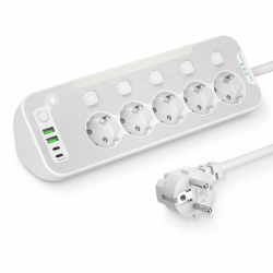 Steckdosenleiste Einzeln Schaltbar,5-fach Mehrfachsteckdose mit Schalter Tischsteckdose mit LED-Nachtlicht und Edelstahlfrontplat Ecksteckdose für Küche,Steckerleiste Überspannungsschutz 2M Kabel,Weiß Angebot bei HelloDeals