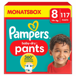Pampers Windeln Pants Größe 8 Baby-Dry, 117 Windeln, 19kg+, 360° Fit hilft, Auslaufen zu verhindern Größe 8 (117 Stück) NEU Angebot bei HelloDeals