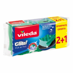 Vileda Glitzi PurActive Reinigungsschwamm, entfernt selbst hartnäckigsten Schmutz ohne zu Verkratzen, geeignet für empfindliche Oberflächen, leicht ausspülbar, Farbe grün, 2+1 Sparpack Glitzi PurActive 2+1 Pack Angebot bei HelloDeals