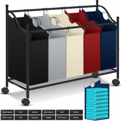 KESSER® Wäschekorb Wäschesammler Wäschesortierer mit 5 abnehmbaren Stofftaschen | 5 Fächer x 35 Liter | Wäschebox mit 12 Waschhinweisen 360° Rollen mit Bremse Wäsche-Sortiersystem Wäschewagen Bunt 5 Fächer Bunt Angebot bei HelloDeals