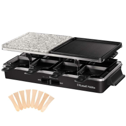 Russell Hobbs Raclette Grill 8 Personen [inkl. 8 Pfännchen und Holzspachtel, 2 Tischgrill-Platten] Multi-Grill (Naturstein mit Saftrinne, antihaftbeschichtete Wendeplatte geriffelt) Schwarz,26280-56 Raclette eckig Angebot bei HelloDeals