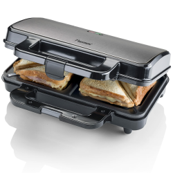 Bestron XL Sandwichmaker, Antihaftbeschichteter Sandwich-Toaster für 2 Sandwiches, inkl. automatischer Temperaturregelung & Bereitschaftsanzeige, 900 Watt, Farbe: Titangrau Angebot bei HelloDeals
