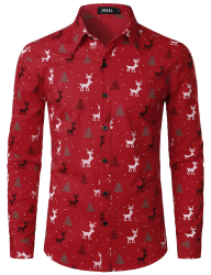 JOGAL Herren Funky Christmas Print Weihnachtsmann Hemd Langarm Button Up Freizeithemd Herren XL Rot Angebot bei HelloDeals