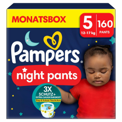 Pampers Night Windeln Pants Größe 5 (12kg-17kg) Baby-Dry, MONATSBOX, Windelhöschen bieten zusätzlichen Schutz für die ganze Nacht, 160 Höschenwindeln Größe 5 (160 Stück) NEU Angebot bei HelloDeals
