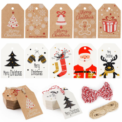 Koogel Weihnachten Kraftpapier Etiketten, 100 Stück 10 Verschiedene Designs Geschenkanhänger Etiketten mit 20M Schnuren für Weihnachten Dekoration 7 x 4.5cm Weiß Braun Angebot bei HelloDeals