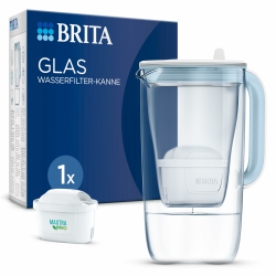 BRITA Wasserfilter Kanne Glas hellblau (2,5l) inkl. 1 MAXTRA PRO All-in-1 Kartusche – Premium Design Kanne aus Glas, robust & leicht / reduziert Kalk, Chlor, Pestizide, Metalle wie Blei & Kupfer 1er Pack Angebot bei HelloDeals