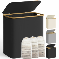 SONGMICS Pfandflaschen Sammelbehälter，Wäschekorb mit Deckel, Wäschesammler mit 3 Fächern, 150 L, herausnehmbarer Wäschesack, Griffe aus Bambus, 60 x 38,5 x 70,5 cm, tintenschwarz LCB515B01 Tintenschwarz 150 L Angebot bei HelloDeals