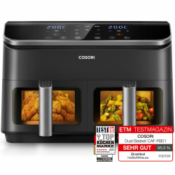COSORI Heißluftfritteuse 2 Kammern Airfryer, 8-in-1 Dual Zone Air Fryer XXL 8,5 L, Heissluftfritteuse Doppelkammer mit Sichtfenster für ausgewogene Mahlzeit, 50 Rezepte, energiesparend, 1-5 Personen 8.5L Silberschwarz Angebot bei HelloDeals