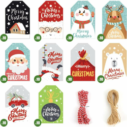 Koogel Geschenkanhänger für Weihnachten, 100 Stück 10 Verschiedene Designs Geschenkanhänger Etiketten mit 20M Schnuren für Weihnachten Dekoration 7 x 4.5cm Bunt Angebot bei HelloDeals