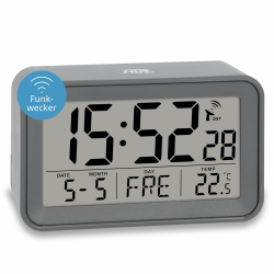 ADE Digitaler Funkwecker mit Licht | Wecker mit Temperaturanzeige und Kalender | kompakter Reisewecker | hübsches matt graues Gehäuse | mit Batterie Grau Matt Angebot bei HelloDeals