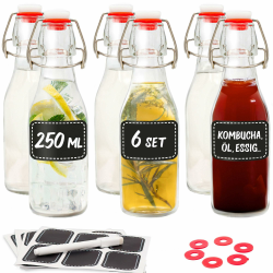 Praknu 6er Set Glasflaschen 250ml mit Bügelverschluss - Bügelflaschen Zum Befüllen - inkl. 6 Extra Dichtungen & 12 Etiketten mit Stift - Glasflaschen für Öl, Essig, Saft & Limonade 6x 250ml Angebot bei HelloDeals