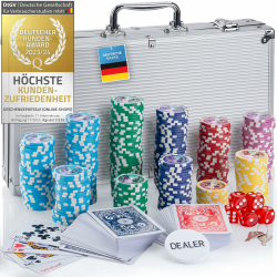 Profi Pokerkoffer Pokerset inkl. 300-500 schwerer 12g Metallkern Poker-Chips; Pokerdeck, Pokerkarten, Würfel, Dealer-Button; abschließbar Alu-Koffer; Casino für Zuhause (Silber, 300 Chips) Silber 300 Chips Angebot bei HelloDeals