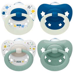 NUK Signature Day & Night Babyschnuller | 0-6 Monate | Beruhigt 95 % der Babys | BPA-freie Silikonschnuller in Herzform | Leuchtet im Dunkeln | Sterne | 4 Stück 0-6m Blau Angebot bei HelloDeals