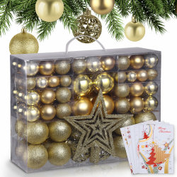 ONBEST Weihnachtskugeln 128-teiliges Set – 1x Baumspitze Glitzer Stern & 127x Kugel – mit Verpackung – Weihnachtsschmuck Deko für Drinnen & Draußen aus Kunststoff – Plus 5X Karte (Gold) Angebot bei HelloDeals