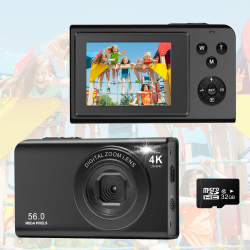 Digitalkamera, AutoFocus 4K Fotoapparat Fotokamera mit 32GB Speicherkarte,16X Digitalzoom，56MP with 2,7" großem Bildschirm, Kompaktkamera Fotokamera für Kinder Einsteiger black Angebot bei HelloDeals