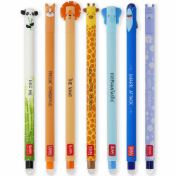 Legami Set mit 7 radierbaren Gelstiften mit thermoempfindlicher Radiertinte, verschiedene Tintenfarben und Schaftdesigns, 0,7 mm Spitze, Designs: Panda, Känguru, Löwe, Giraffe, Elefant, Hai, Nilpferd Angebot bei HelloDeals