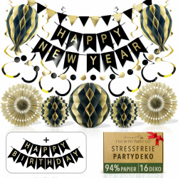 Premium Wiederverwendbare Party Deko - Silvester Deko 2025 - Mehrzweck Girlande Happy New Year buchstabiert auch Happy Birthday - Happy New Year 2025 Deko / Geburtstagsdeko Gold & Schwarz Schwarz & Gold Angebot bei HelloDeals