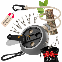 AUTDOOR® Wäscheleine ausziehbar, mit praktischer Kurbel - Extralange 10m Schnur - Perfekt für Camping & Reisen (Schwarz/Grau) Angebot bei HelloDeals