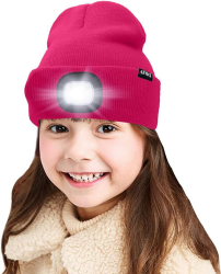 ATNKE Kids LED beleuchtete Mütze mit Licht, USB Wiederaufladbare 4 LED Scheinwerfer wasserdichte Winterwärmer Strick Nachthüte mit leichten Jungen Mädchen Einheitsgröße Rosen Rot Angebot bei HelloDeals