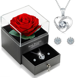 Ewige Echte Rose mit Herz Halskette und Ohrringe aus 925 Sterlingsilber, Infinity Rosen, Schmuck Geschenkbox, Rosenbox Geburtstag, Valentinstag, Hochzeitstag Geschenke für Sie Freundin Frauen Angebot bei HelloDeals