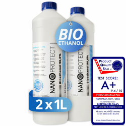 Nanoprotect Bioethanol 96,6% | 2 x 1 Liter | Flüssiger Ethanol Brennstoff für Indoor Kamin und Tischfeuer | Reiner Ethylalkohol als Lösemittel | Geprüfte Premium Qualität Angebot bei HelloDeals